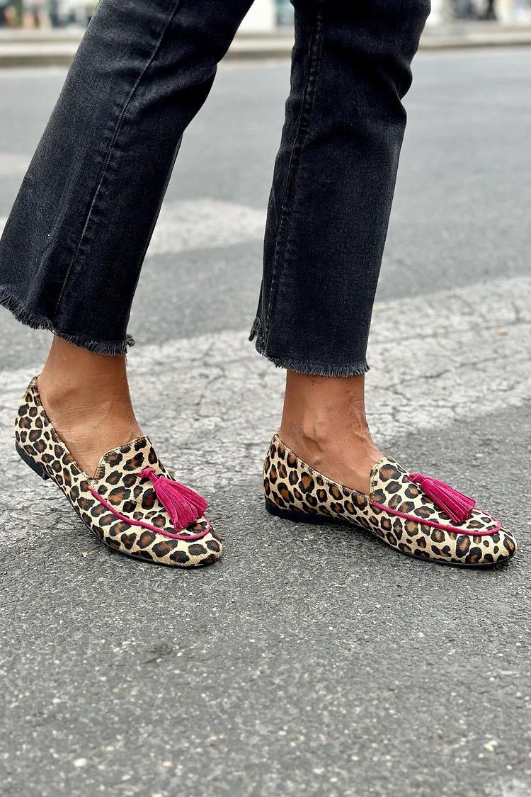 Raya | Animal Print Loafer with Fuchsia Fringes