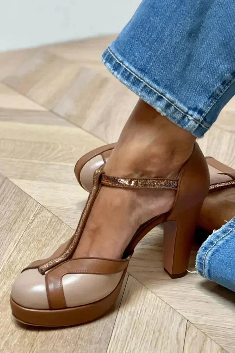 Bruna | Two-Tone T-Strap Heels