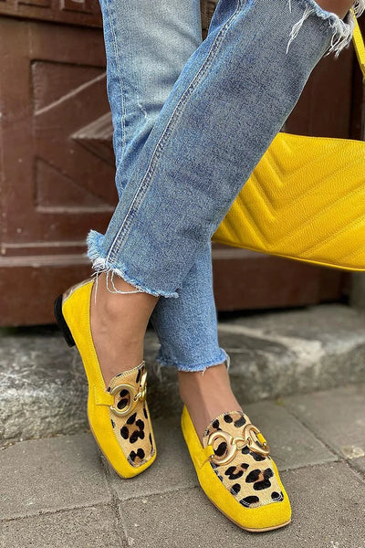 Marley | Yellow Loafers with Animal Print Detail