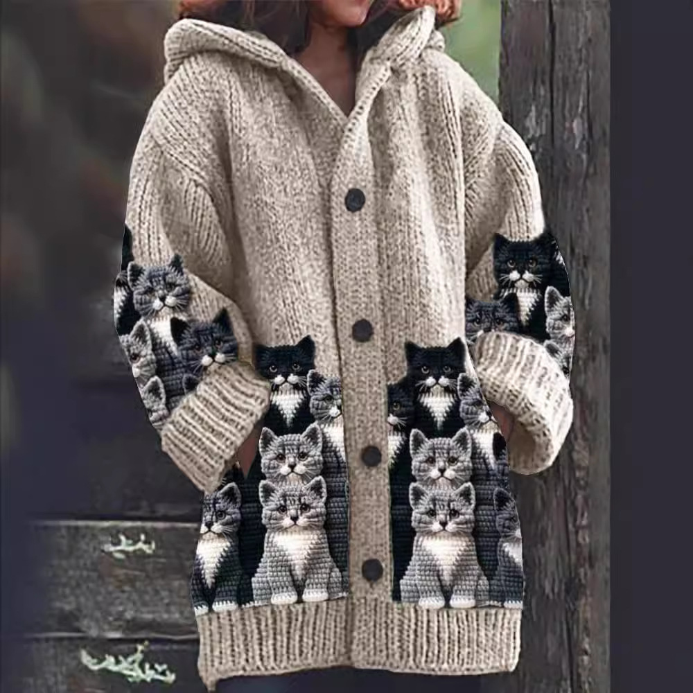 Chloe | Cozy Knit Cat Print Cardigan