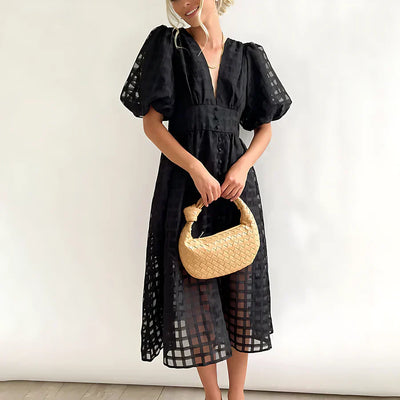 Cindy | Classic Patterned Puff Sleeve Midi Dress