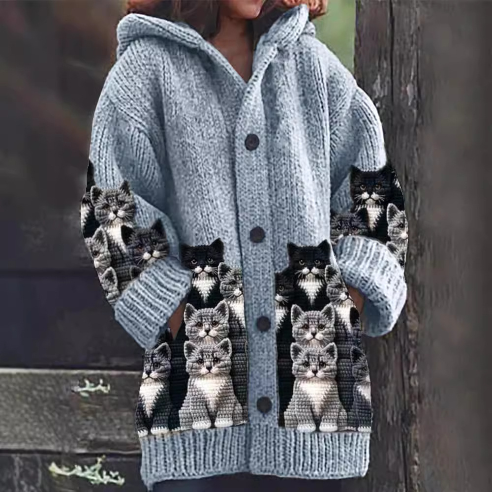 Chloe | Cozy Knit Cat Print Cardigan