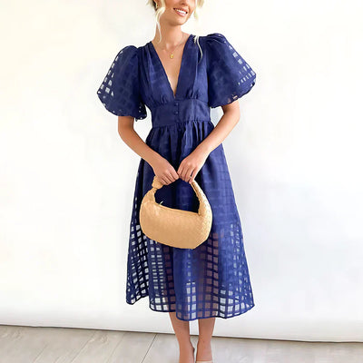 Cindy | Classic Patterned Puff Sleeve Midi Dress