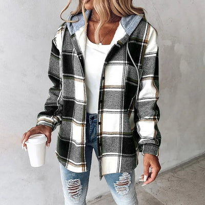 Rowan | Hooded Plaid Mid-Length Jacket