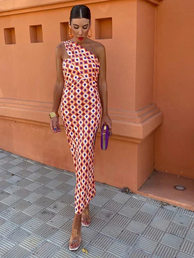 Irmgardi | Colorful Asymmetric Neckline Dress