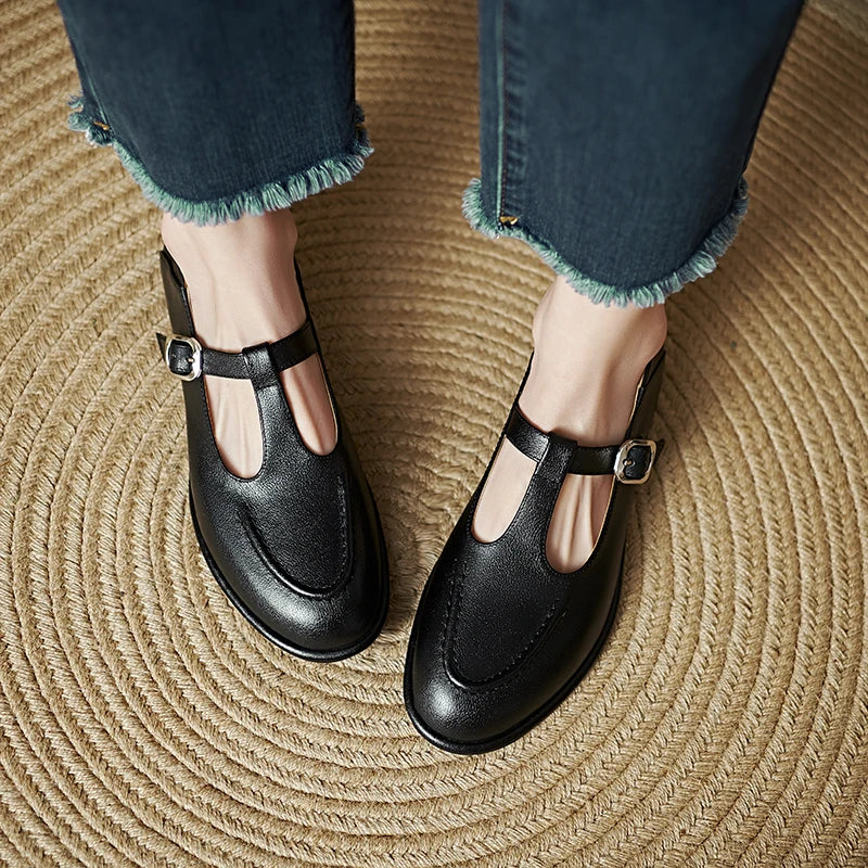 Selvana | Low Heeled T-Strap Pumps