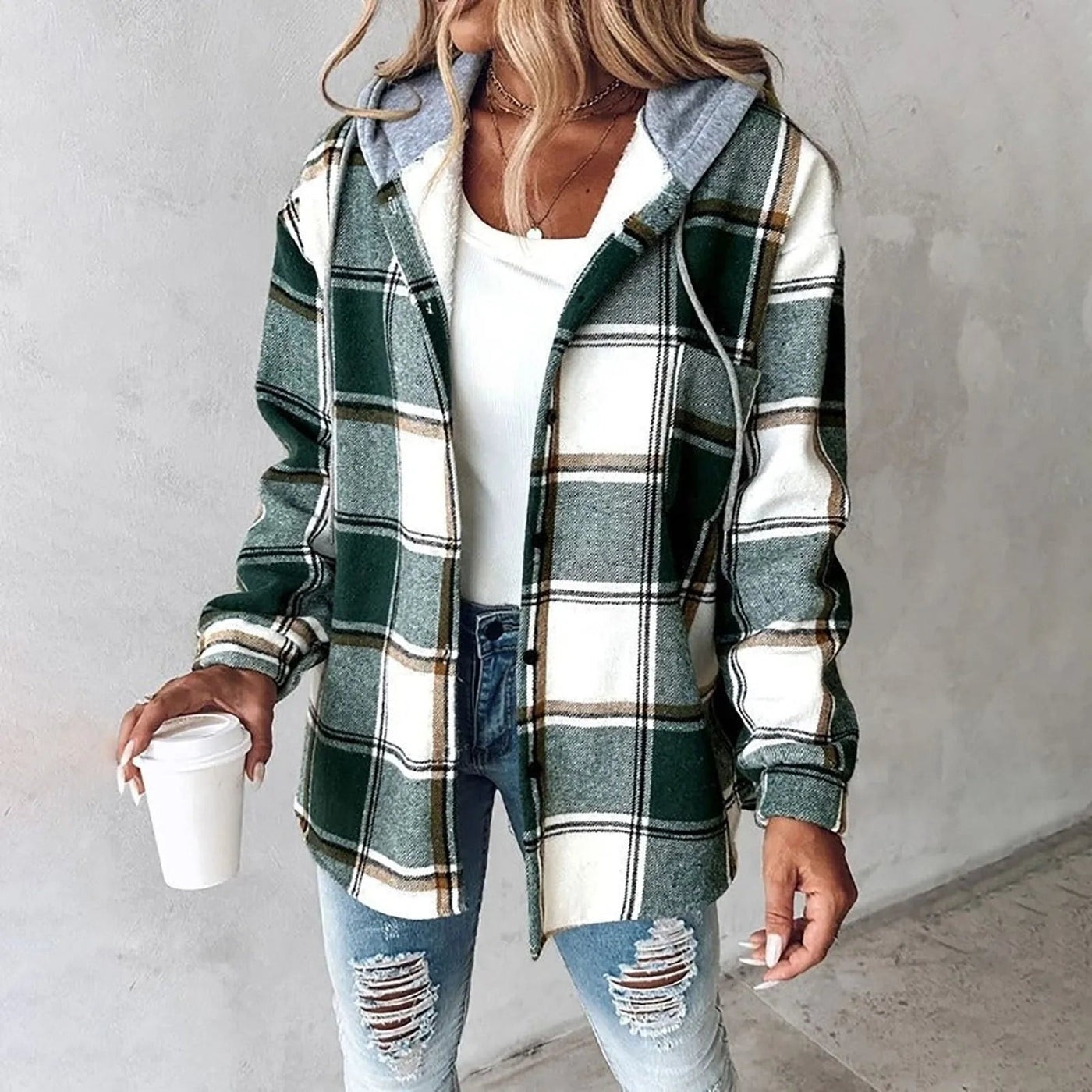 Rowan | Hooded Plaid Mid-Length Jacket