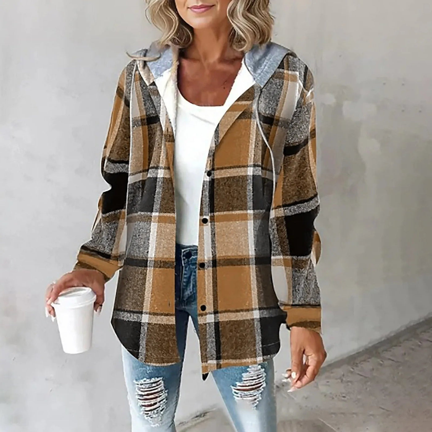 Rowan | Hooded Plaid Mid-Length Jacket