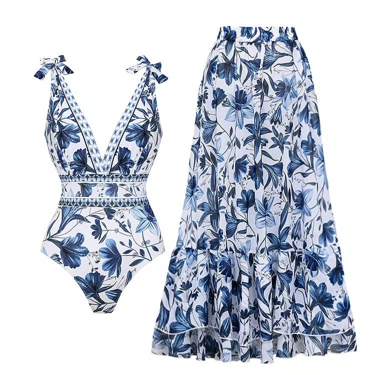 Maris | Elegant Floral V-Neck One-Piece Swim Dress