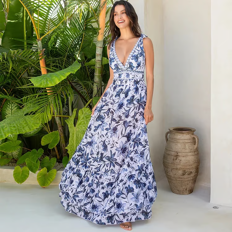 Maris | Elegant Floral V-Neck One-Piece Swim Dress
