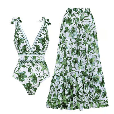 Maris | Elegant Floral V-Neck One-Piece Swim Dress